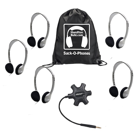 Hamiltonbuhl Galaxy Econo-Line of Sack-O-Phones w/5 Personal-Sized HA2 Headphones, Starfish Jackbox, Carry Bag, 7PK GJB5HA2